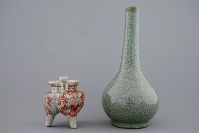 A Chinese crackle glazed tripod censer and a vase, 19th C.