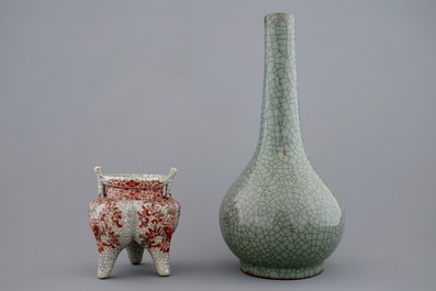 A Chinese crackle glazed tripod censer and a vase, 19th C.