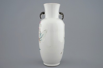 A Chinese famille rose vase with applied flowers and a bowl, 19th C.