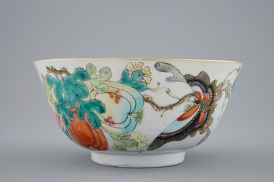 A Chinese famille rose vase with applied flowers and a bowl, 19th C.