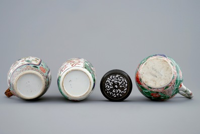 Three Chinese famille verte pieces: a chocolate jug, a vase and a beer mug, Kangxi