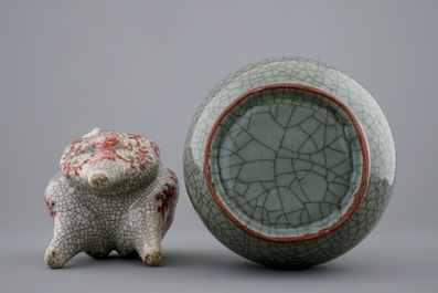 A Chinese crackle glazed tripod censer and a vase, 19th C.
