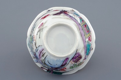 Een Chinese famille rose kop en schotel met decor van de visvangst, Yongzheng, 1723-1735