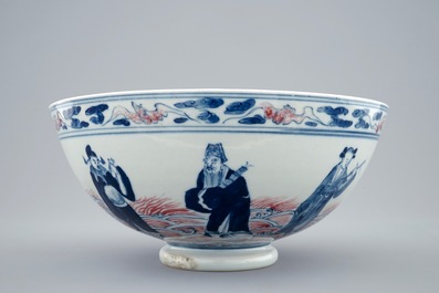 A Chinese blue, white and underglaze red bowl with immortals, 19/20th C.