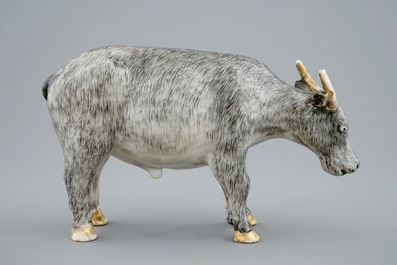 An unusual Chinese grisaille and gilt model of an ox, Qianlong, 18th C.