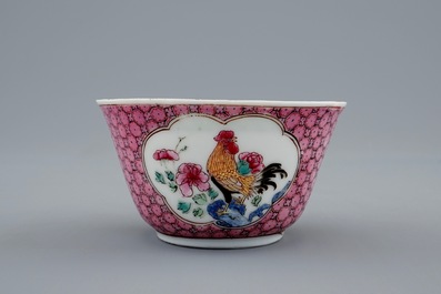 A Chinese famille rose eggshell cup and saucer with a rooster, Yongzheng, 1723-1735