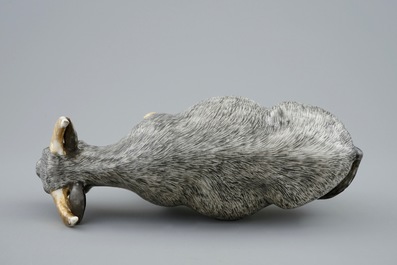 An unusual Chinese grisaille and gilt model of an ox, Qianlong, 18th C.