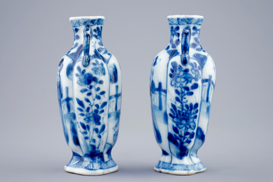 A pair of small Chinese blue and white vases with long Elizas, Kangxi