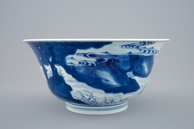 A Chinese blue and white bowl with a river scene, Kangxi