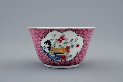 A Chinese famille rose eggshell cup and saucer with a rooster, Yongzheng, 1723-1735