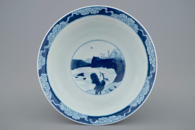 A Chinese blue and white bowl with a river scene, Kangxi
