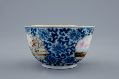 A Chinese export porcelain cup and saucer with a fish seller, Qianlong, 18th C.