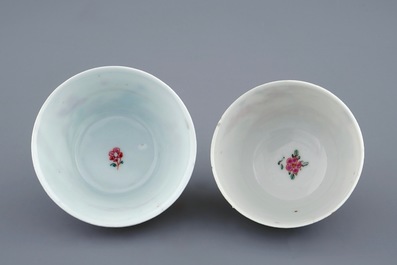 Two Chinese famille rose cups and saucers, Yongzheng, 1723-1735