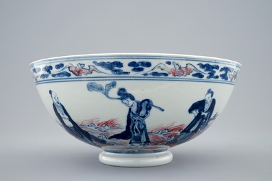A Chinese blue, white and underglaze red bowl with immortals, 19/20th C.