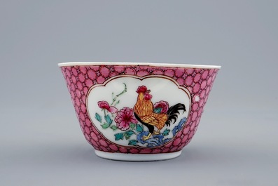 A Chinese famille rose eggshell cup and saucer with a rooster, Yongzheng, 1723-1735