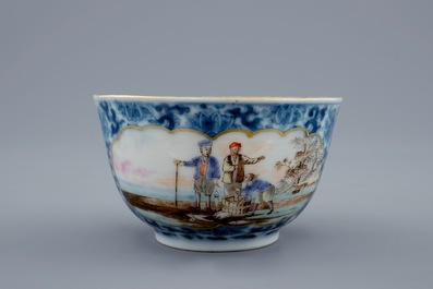 A Chinese export porcelain cup and saucer with a fish seller, Qianlong, 18th C.