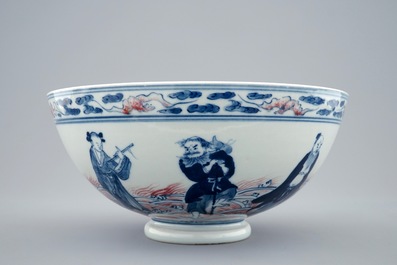 A Chinese blue, white and underglaze red bowl with immortals, 19/20th C.