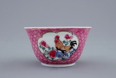 A Chinese famille rose eggshell cup and saucer with a rooster, Yongzheng, 1723-1735