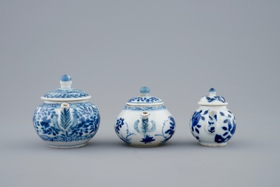 Three Chinese blue and white miniature teapots and covers, Kangxi