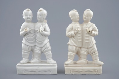 A pair of Chinese blanc de Chine groups of Hoho-brothers, Kangxi