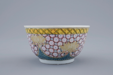 A Chinese famille rose eggshell cup and saucer with a central flowervase, Yongzheng, 1723-1735