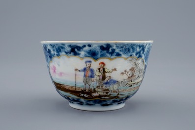 A Chinese export porcelain cup and saucer with a fish seller, Qianlong, 18th C.
