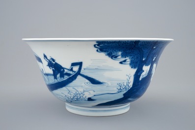 A Chinese blue and white bowl with a river scene, Kangxi