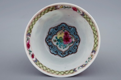 A Chinese famille rose eggshell cup and saucer with a rooster, Yongzheng, 1723-1735
