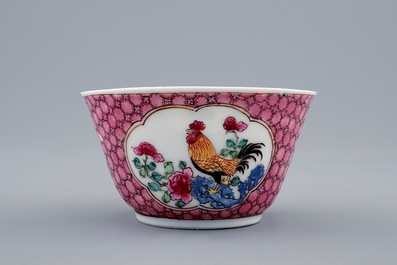 A Chinese famille rose eggshell cup and saucer with a rooster, Yongzheng, 1723-1735