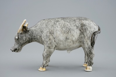 An unusual Chinese grisaille and gilt model of an ox, Qianlong, 18th C.