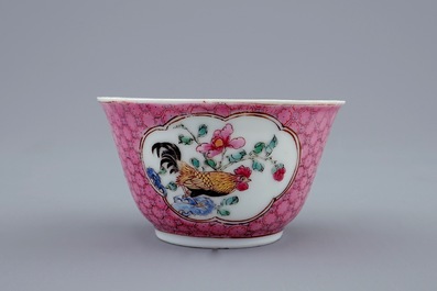 A Chinese famille rose eggshell cup and saucer with a rooster, Yongzheng, 1723-1735