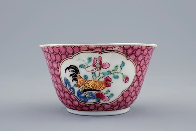 A Chinese famille rose eggshell cup and saucer with a rooster, Yongzheng, 1723-1735