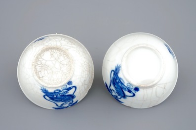 A pair of Chinese blue and white cups and saucers with "The parrot on the perch", Qianlong, 18th C.