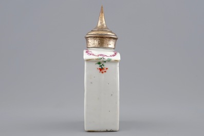A Chinese famille rose erotical subject tea caddy with a prostitute, Qianlong, 18th C.