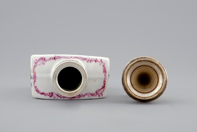A Chinese famille rose erotical subject tea caddy with a prostitute, Qianlong, 18th C.