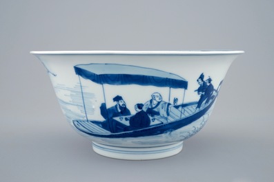 A Chinese blue and white bowl with a river scene, Kangxi