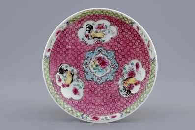 A Chinese famille rose eggshell cup and saucer with a rooster, Yongzheng, 1723-1735
