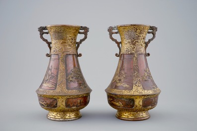 A pair of Japanese parcel gilt bronze vases, Meiji, 19th C.