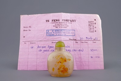 A fine Chinese agate snuff bottle with Liu Hai, 18/19th C.
