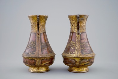 A pair of Japanese parcel gilt bronze vases, Meiji, 19th C.