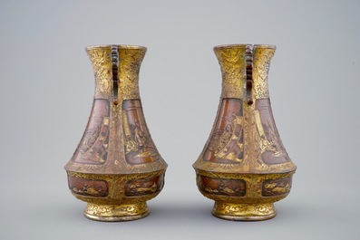 A pair of Japanese parcel gilt bronze vases, Meiji, 19th C.