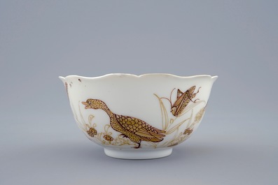 A Chinese grisaille and gilt cup and saucer with ducks and insects, Yongzheng, 1723-1735
