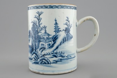 A Chinese famille rose eggshell cup, Yongzheng, and a blue and white beer mug, Qianlong