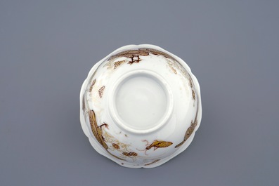 A Chinese grisaille and gilt cup and saucer with ducks and insects, Yongzheng, 1723-1735