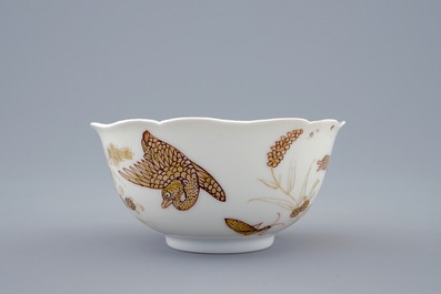 A Chinese grisaille and gilt cup and saucer with ducks and insects, Yongzheng, 1723-1735