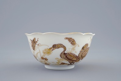 A Chinese grisaille and gilt cup and saucer with ducks and insects, Yongzheng, 1723-1735