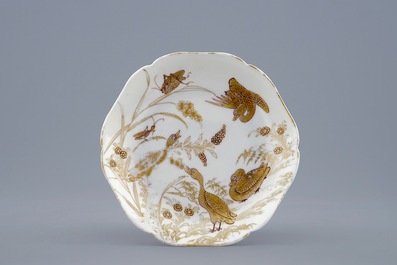 A Chinese grisaille and gilt cup and saucer with ducks and insects, Yongzheng, 1723-1735