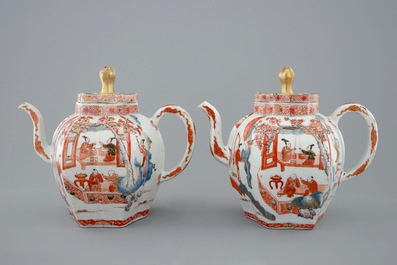 A fine pair of large Chinese Imari style teapots and covers, Kangxi