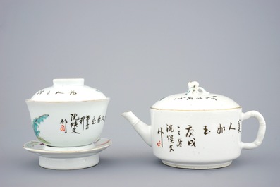 A Chinese qianjiang cai teapot and six matching covered cups on stands, 19/20th C.