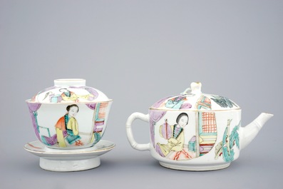 A Chinese qianjiang cai teapot and six matching covered cups on stands, 19/20th C.